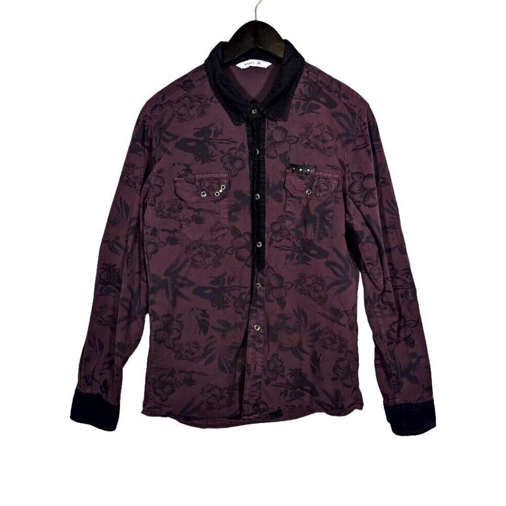 RNT23 Men's Size M Burgundy Hawaiian Floral Casual Button Up Shirt Rock n Roll